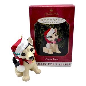 Hallmark Christmas Ornament Puppy Love German Shepard Dog 1999 Wearing Santa Hat